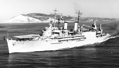 USS Curtiss (AV-4) underway at San Diego, circa 1956.