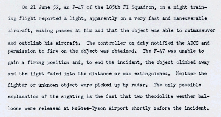 F-47 Permission to Fire on UFO June 21, 1952
