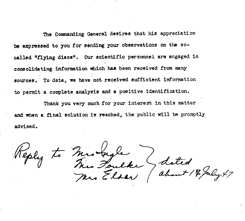 Draft Brentnall Letter Regarding 'Flying Disc' Letters From Public