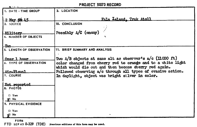 Project 10073 Record Card Truk UFO May 1945